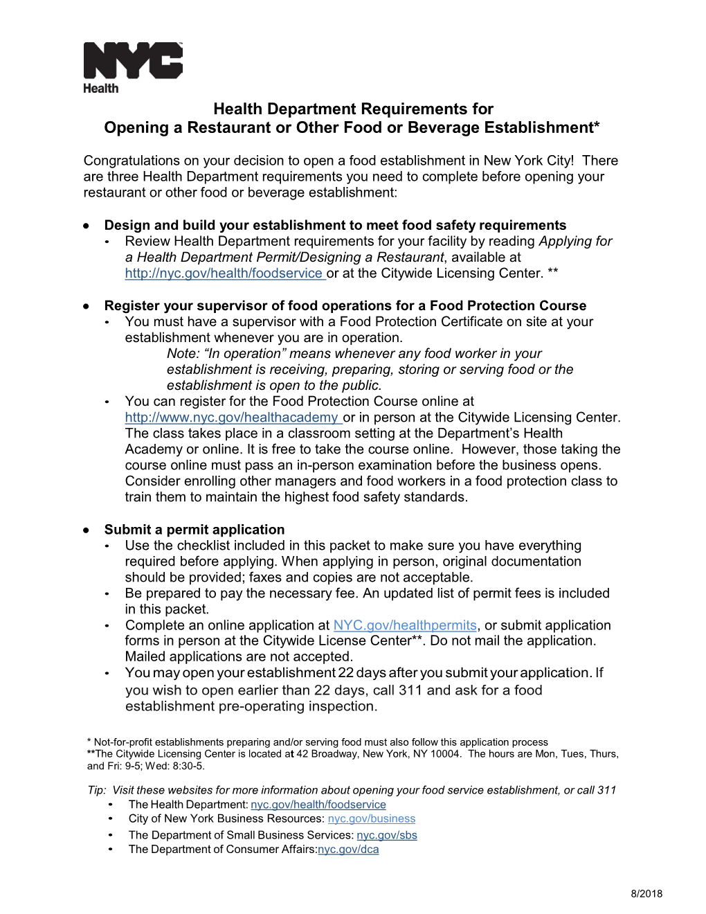 Health Department Requirements for Opening a Restaurant Or Other Food Or Beverage Establishment*