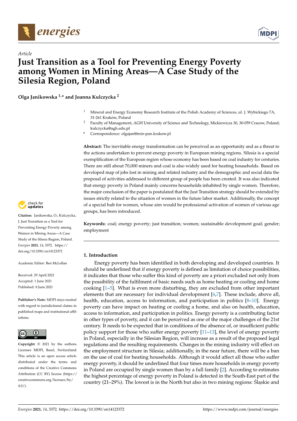 Just Transition As a Tool for Preventing Energy Poverty Among Women in Mining Areas—A Case Study of the Silesia Region, Poland