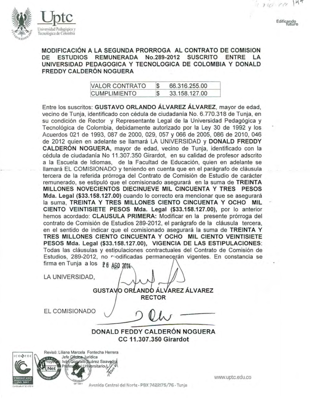 289-2012 Suscrito Entre La Universidad Pedagogica Y Tecnologica De Colombia Y Donald Freddy Calderón Noguera
