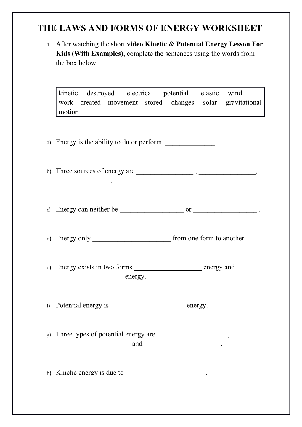 The Laws and Forms of Energy Worksheet