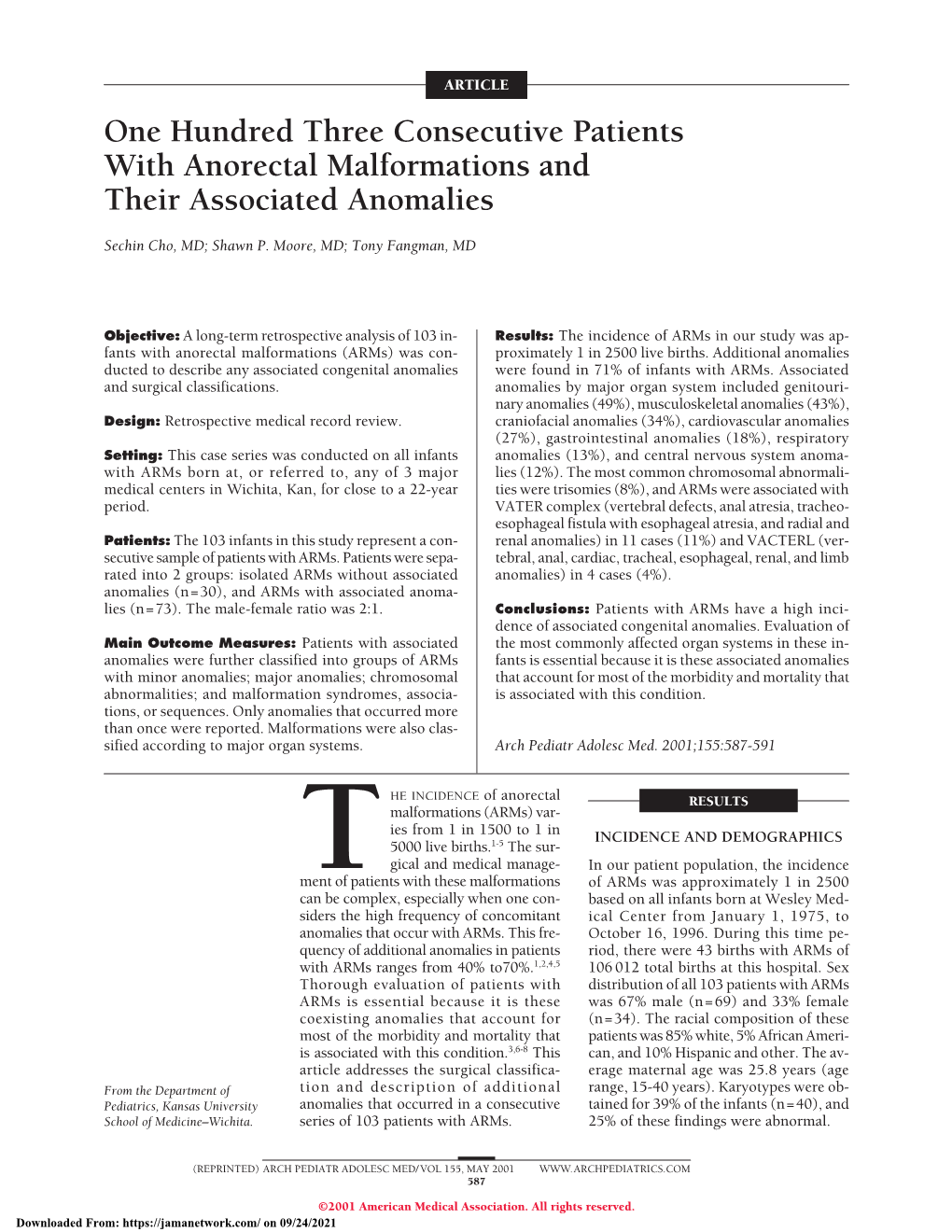 One Hundred Three Consecutive Patients with Anorectal Malformations and Their Associated Anomalies