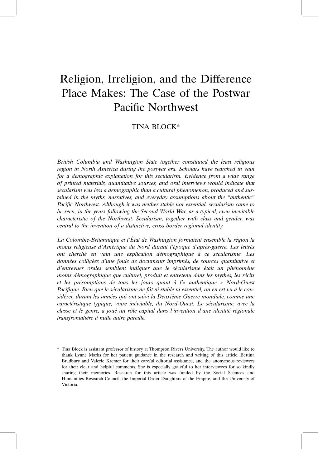 Religion, Irreligion, and the Difference Place Makes: the Case of the Postwar Pacific Northwest