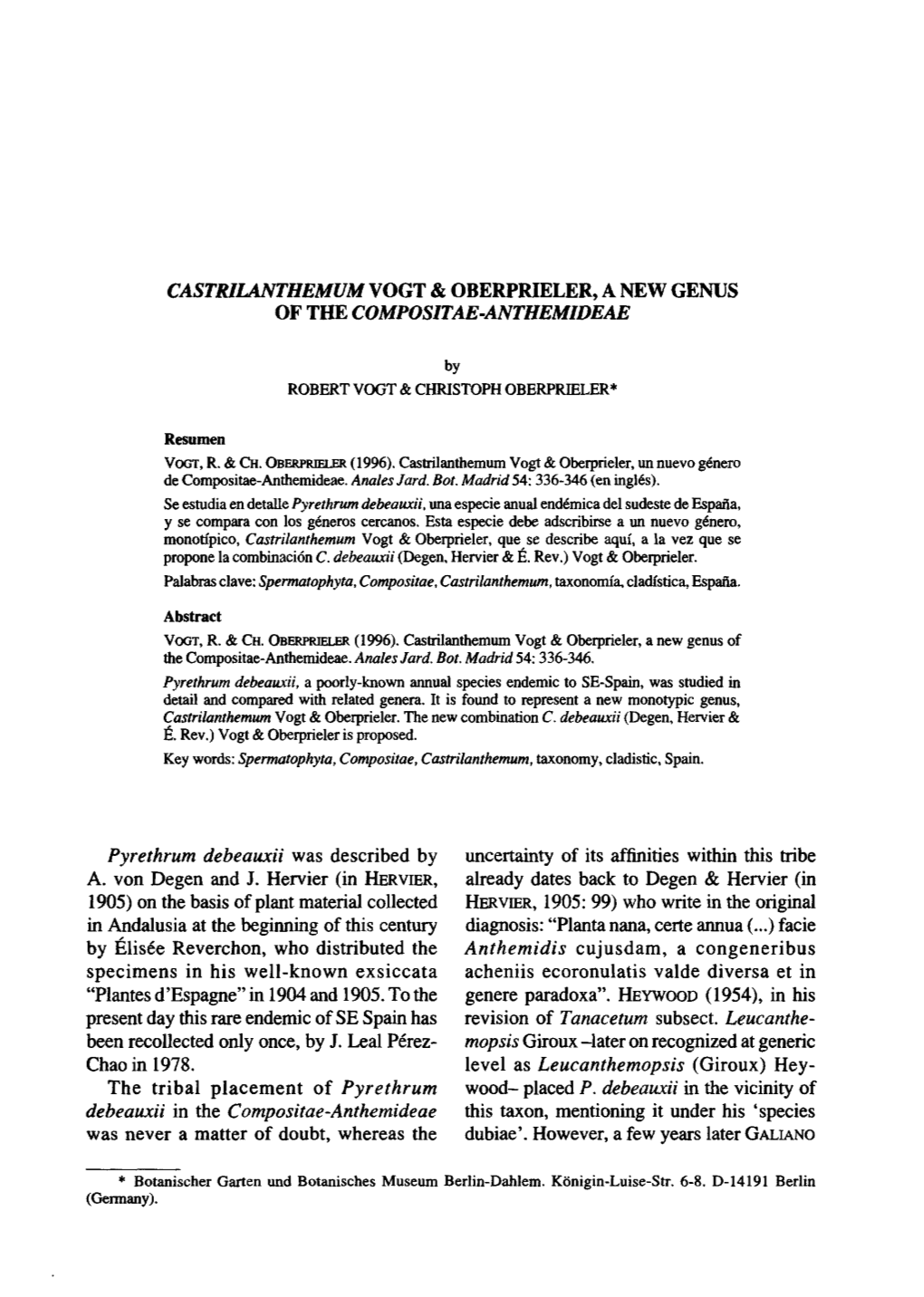 Castriianthemum Vogt & Oberprieler, a New Genus