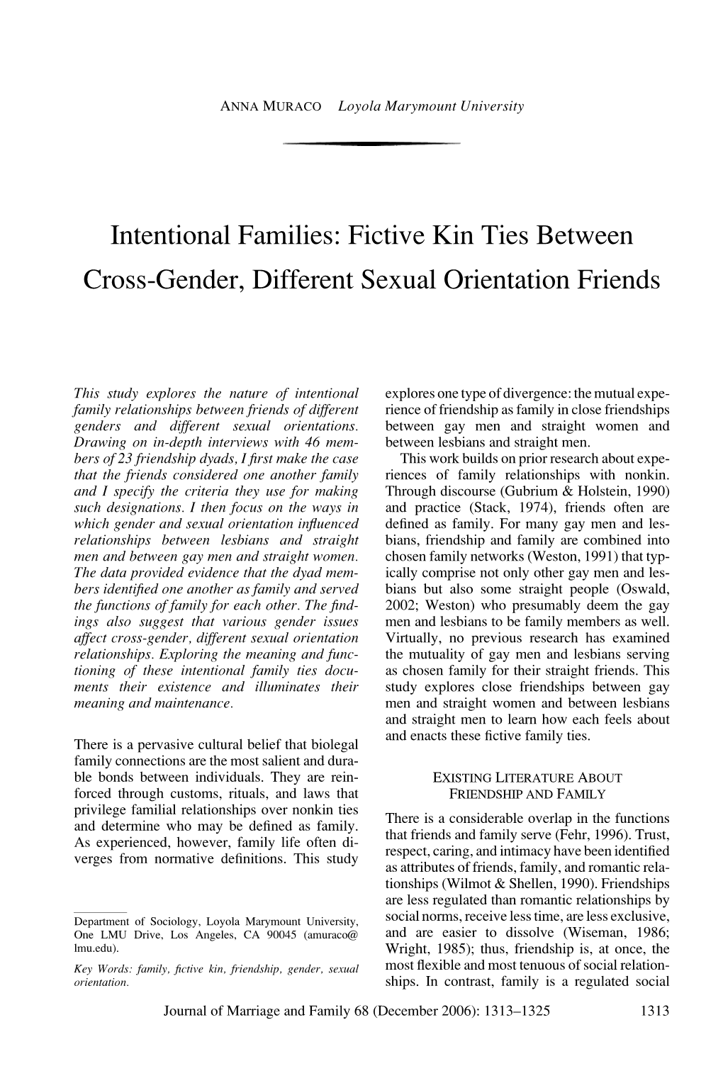 Intentional Families: Fictive Kin Ties Between Cross-Gender, Different Sexual Orientation Friends