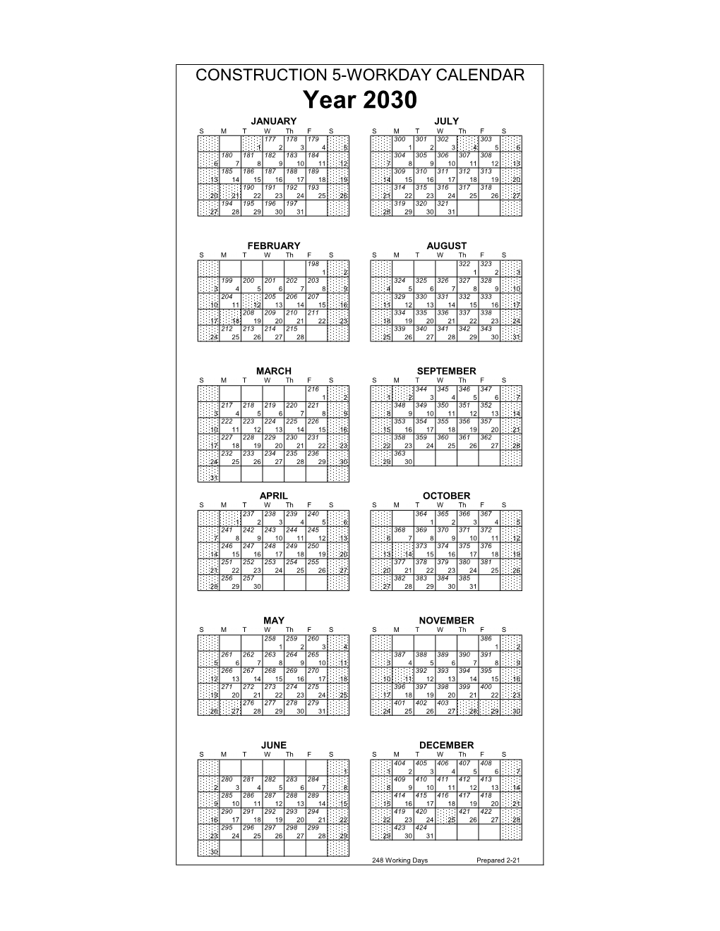 Caltrans Construction 5-Workday Calendar 2030