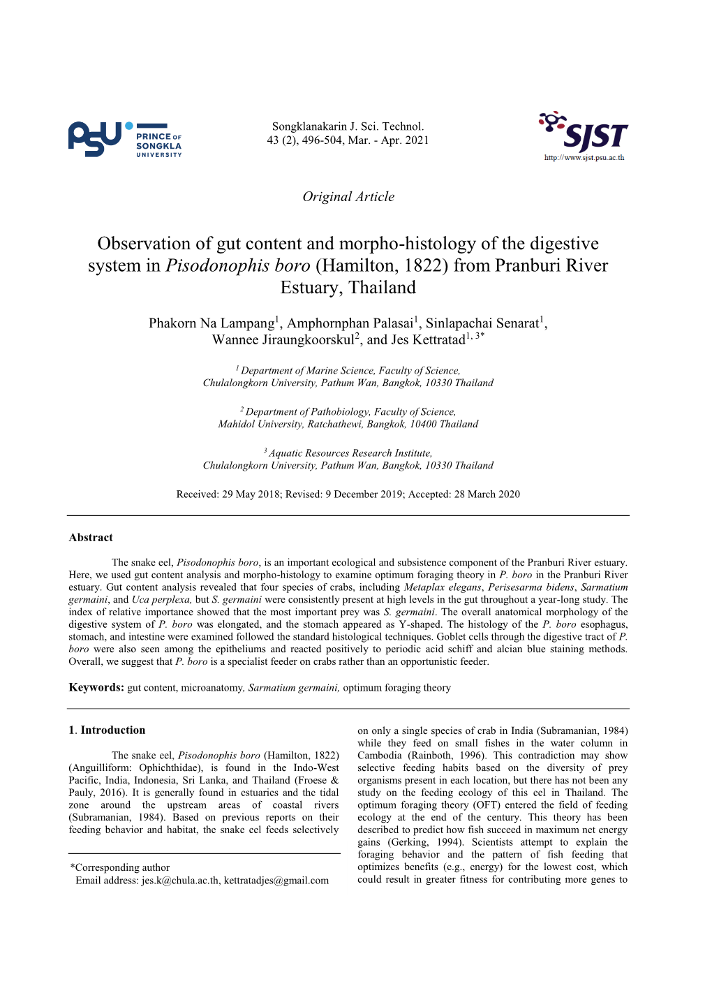 Observation of Gut Content and Morpho-Histology of the Digestive System in Pisodonophis Boro (Hamilton, 1822) from Pranburi River Estuary, Thailand