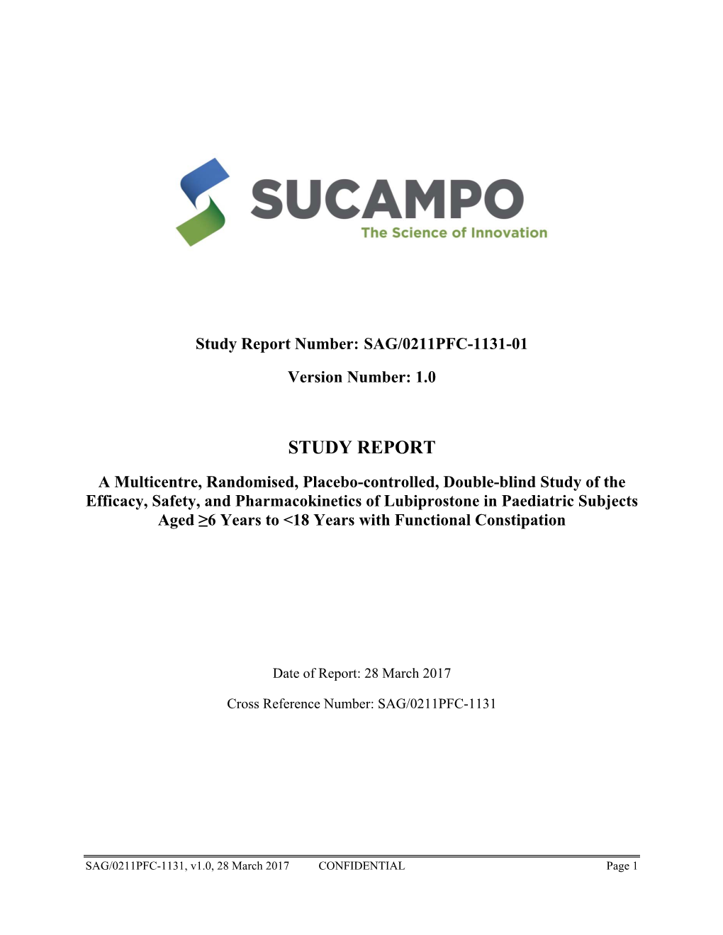 Study Report Number: SAG/0211PFC-1131-01 Version Number: 1.0