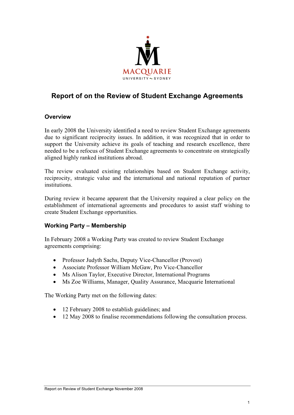 Report on the Review of Student Exchange Agreements