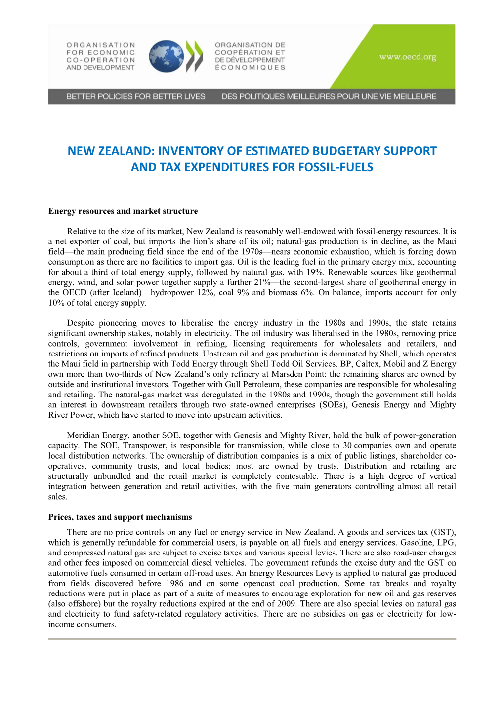 New Zealand: Inventory of Estimated Budgetary Support and Tax Expenditures for Fossil-Fuels