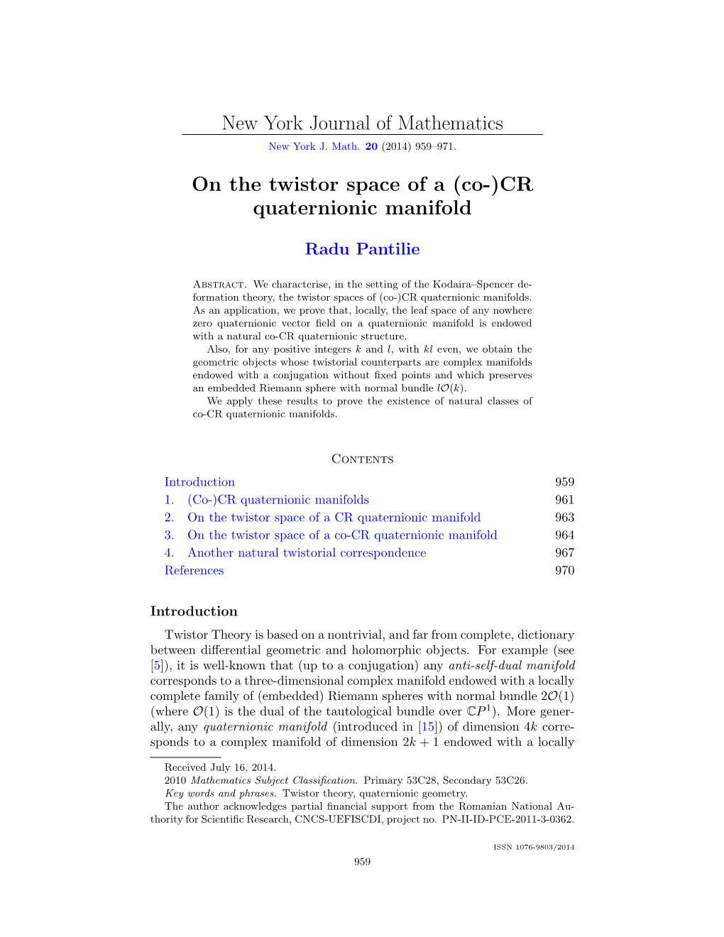 New York Journal of Mathematics on the Twistor Space of a (Co-)CR