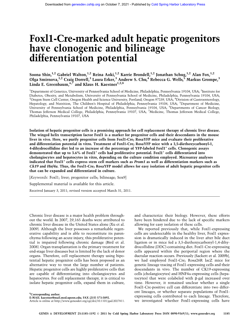 Foxl1-Cre-Marked Adult Hepatic Progenitors Have Clonogenic and Bilineage Differentiation Potential