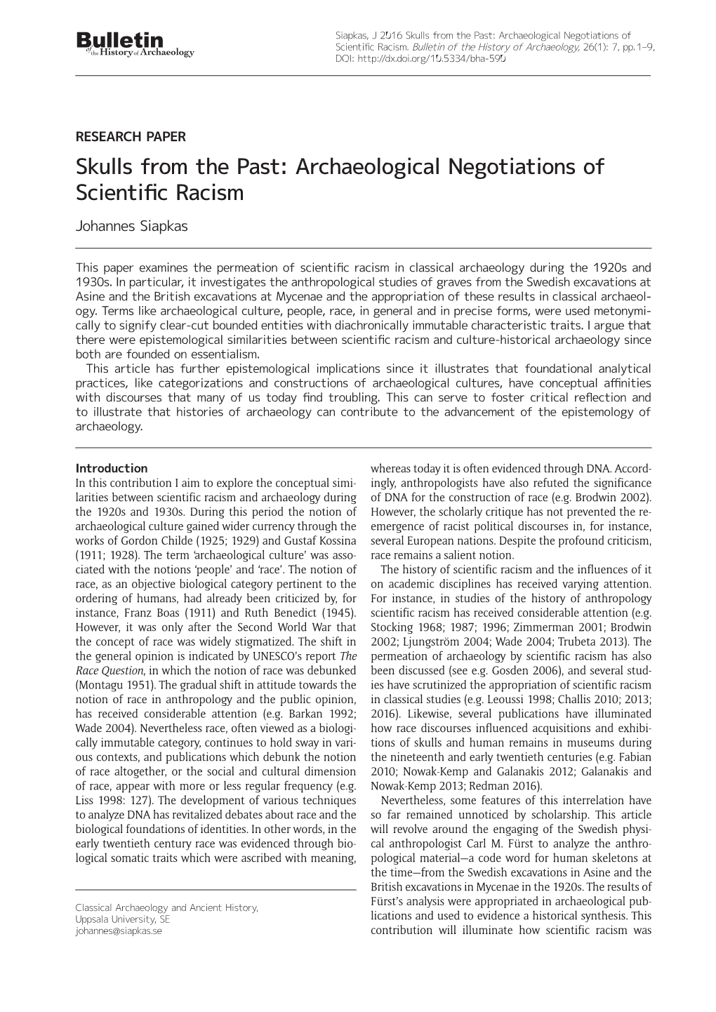 Archaeological Negotiations of Scientific Racism Johannes Siapkas