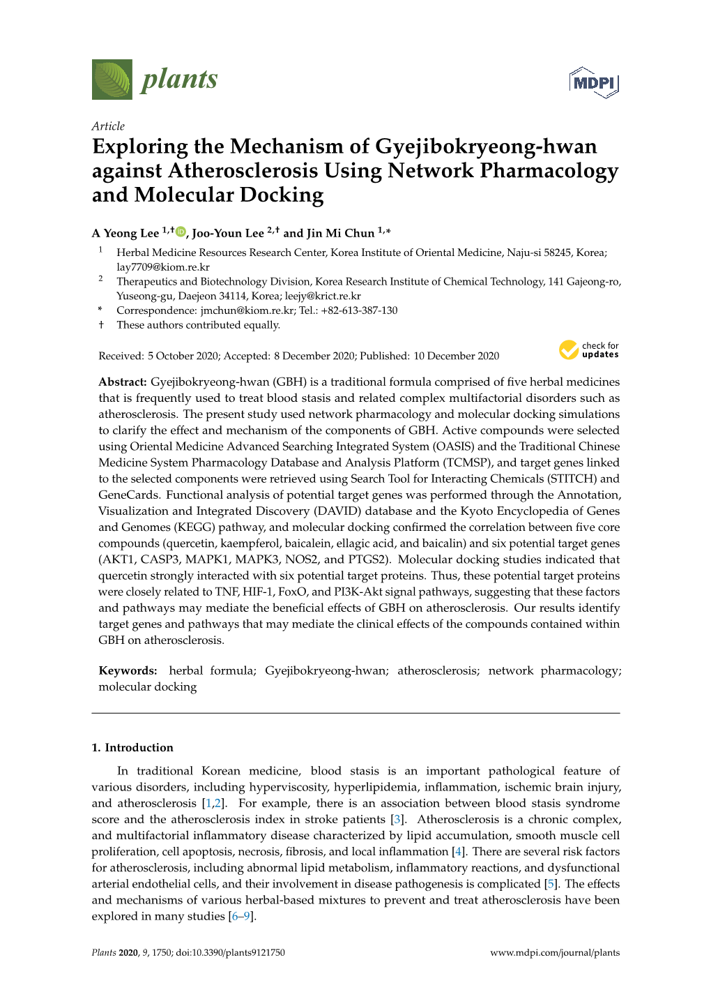 Exploring the Mechanism of Gyejibokryeong-Hwan Against Atherosclerosis Using Network Pharmacology and Molecular Docking