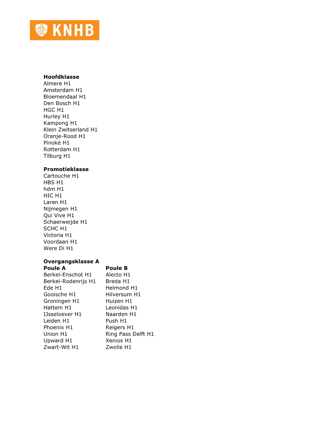 Hoofdklasse Almere H1 Amsterdam H1 Bloemendaal H1 Den Bosch H1 HGC H1 Hurley H1 Kampong H1 Klein Zwitserland H1 Oranje-Rood H1 Pinoké H1 Rotterdam H1 Tilburg H1