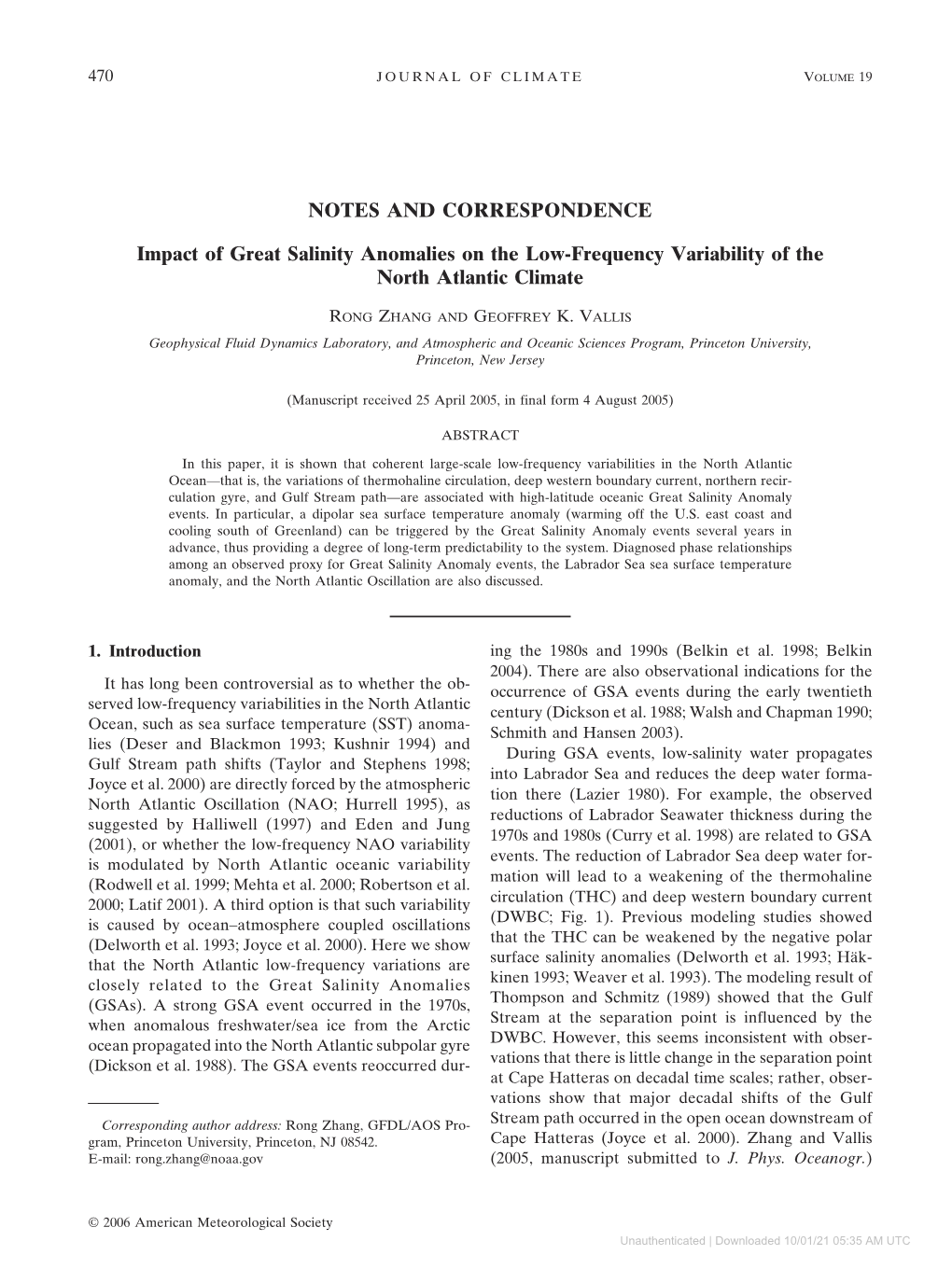 Impact of Great Salinity Anomalies on the Low-Frequency Variability of the North Atlantic Climate