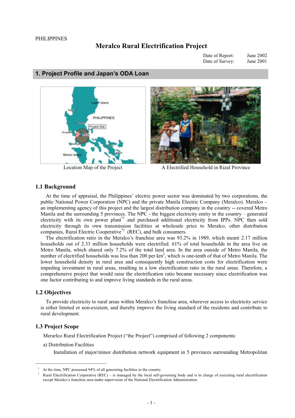 Meralco Rural Electrification Project Date of Report: June 2002 Date of Survey: June 2001