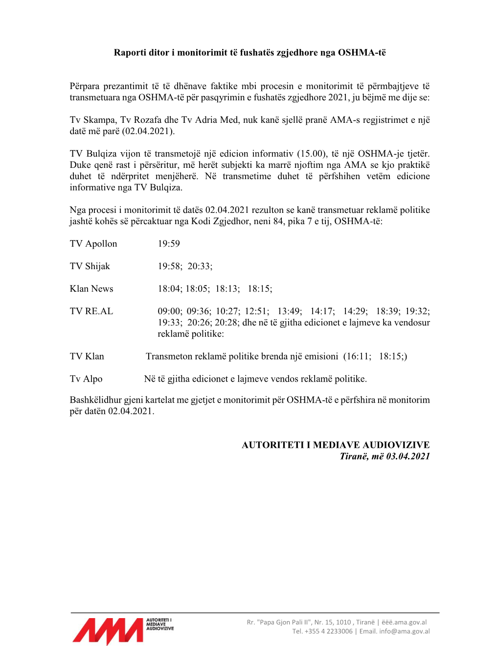 Raporti I Monitorimit Të Medias Në Datën 02.04.2021