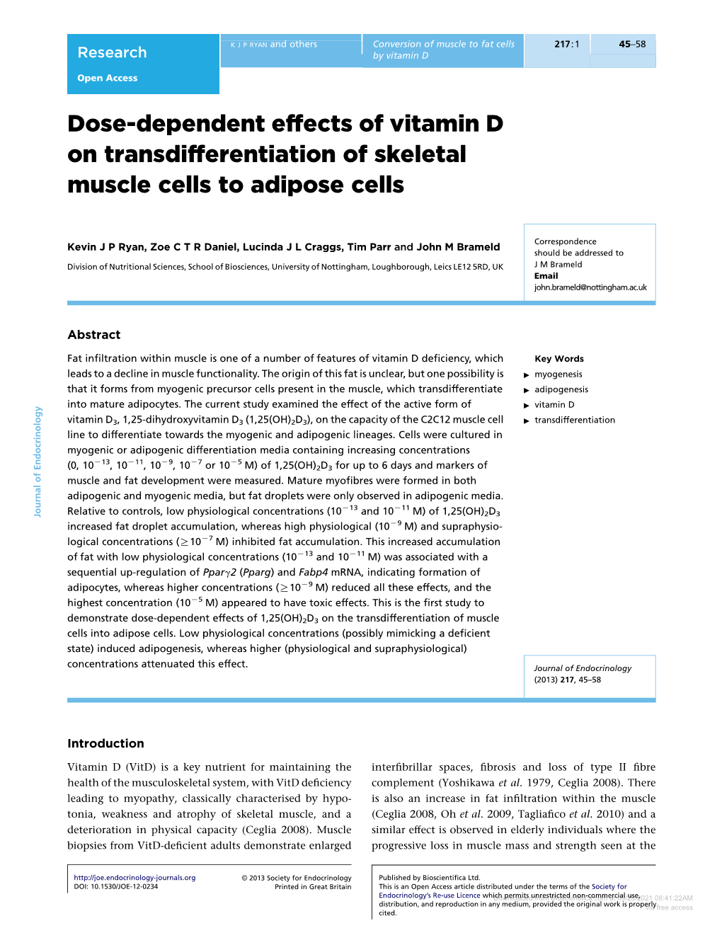 Dose-Dependent Effects of Vitamin D on Transdifferentiation of Skeletal Muscle Cells to Adipose Cells