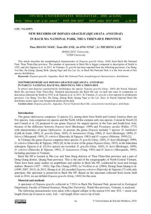 New Records of Dopasia Gracilis (Squamata: Anguidae) in Bach Ma National Park, Thua Thien-Hue Province