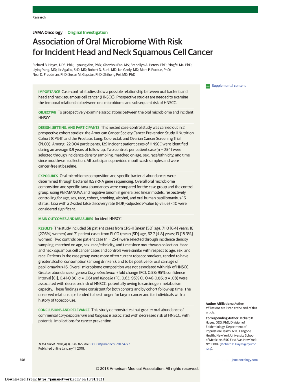 Association of Oral Microbiome with Risk for Incident Head and Neck Squamous Cell Cancer
