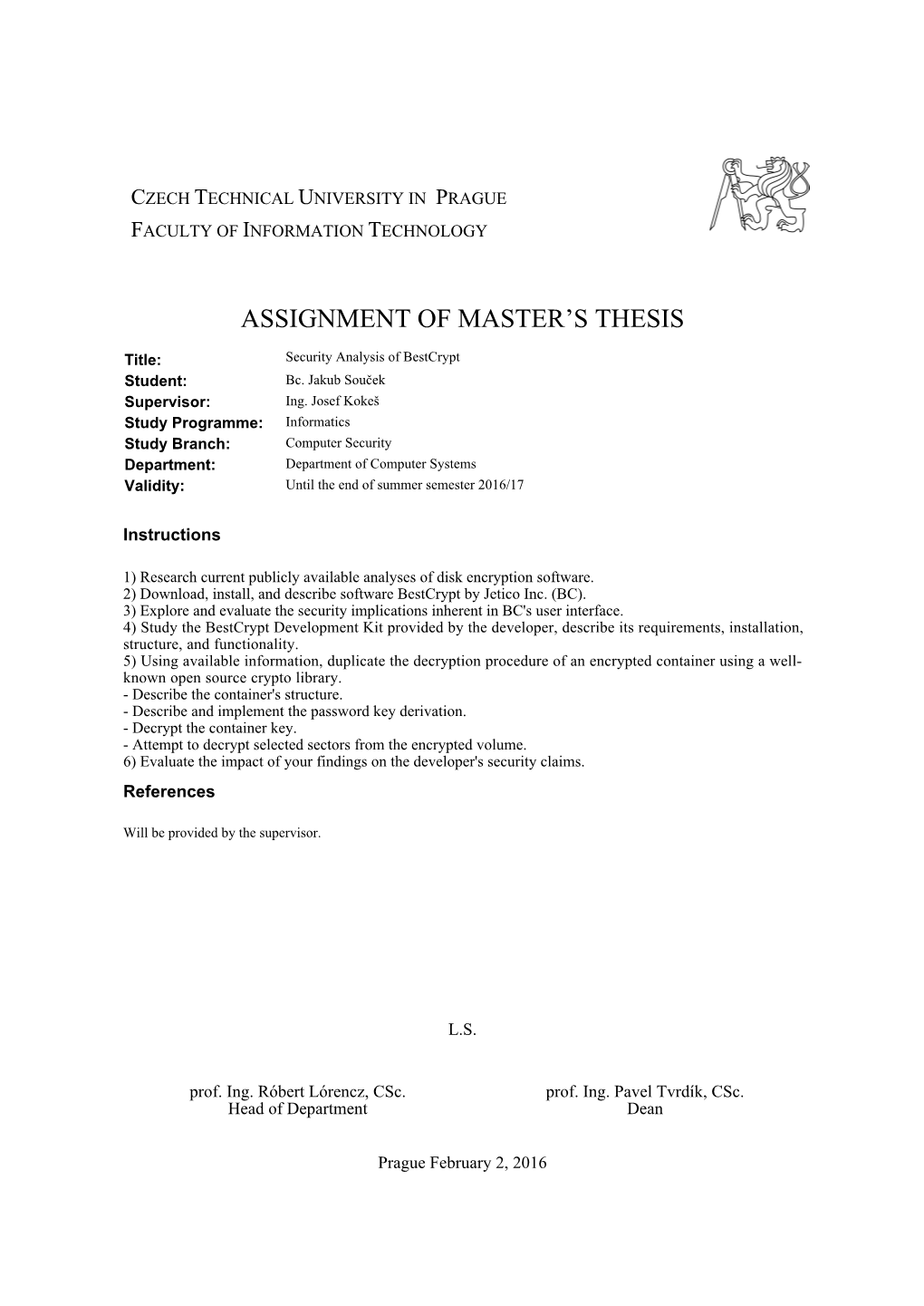 Assignment of Master's Thesis