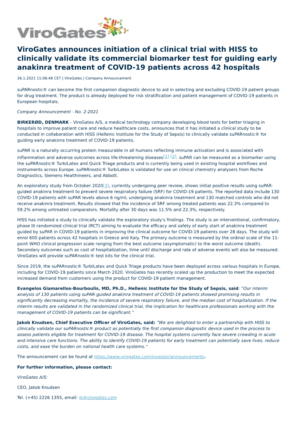 Virogates Announces Initiation of a Clinical Trial with HISS to Clinically