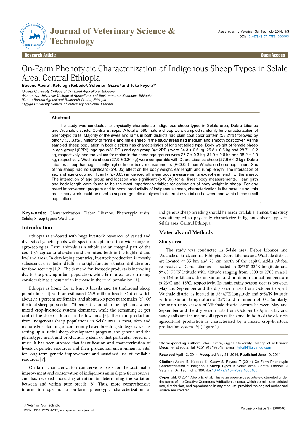 On-Farm Phenotypic Characterization of Indigenous Sheep Types in Selale Area, Central Ethiopia