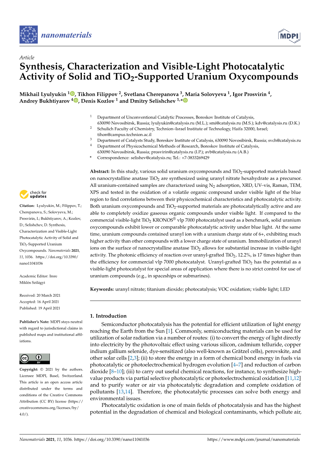 Synthesis, Characterization and Visible-Light Photocatalytic Activity of Solid and Tio2-Supported Uranium Oxycompounds
