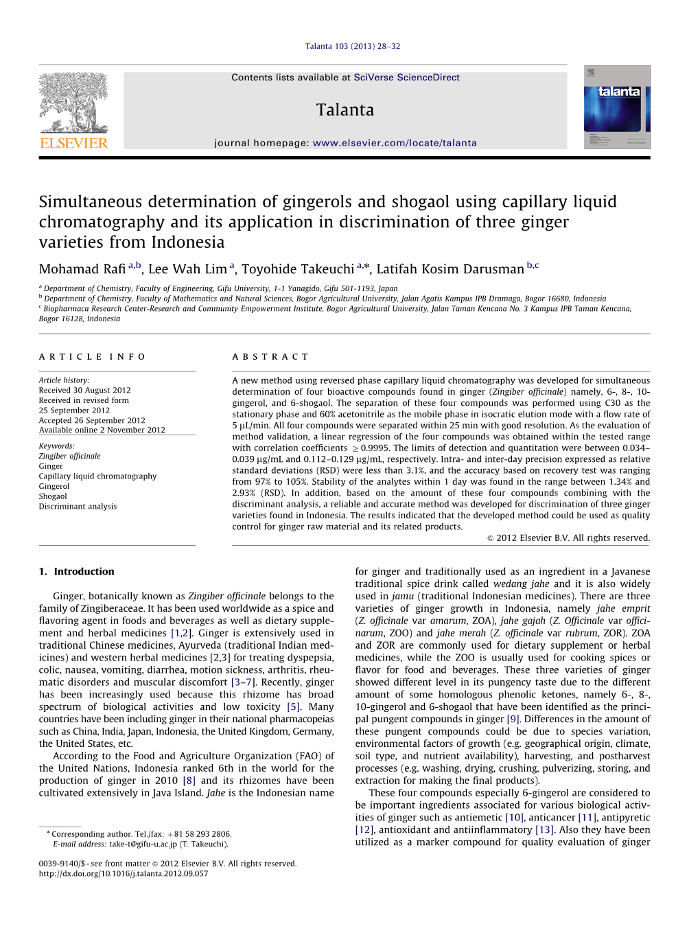 Simultaneous Determination of Gingerols and Shogaol Using