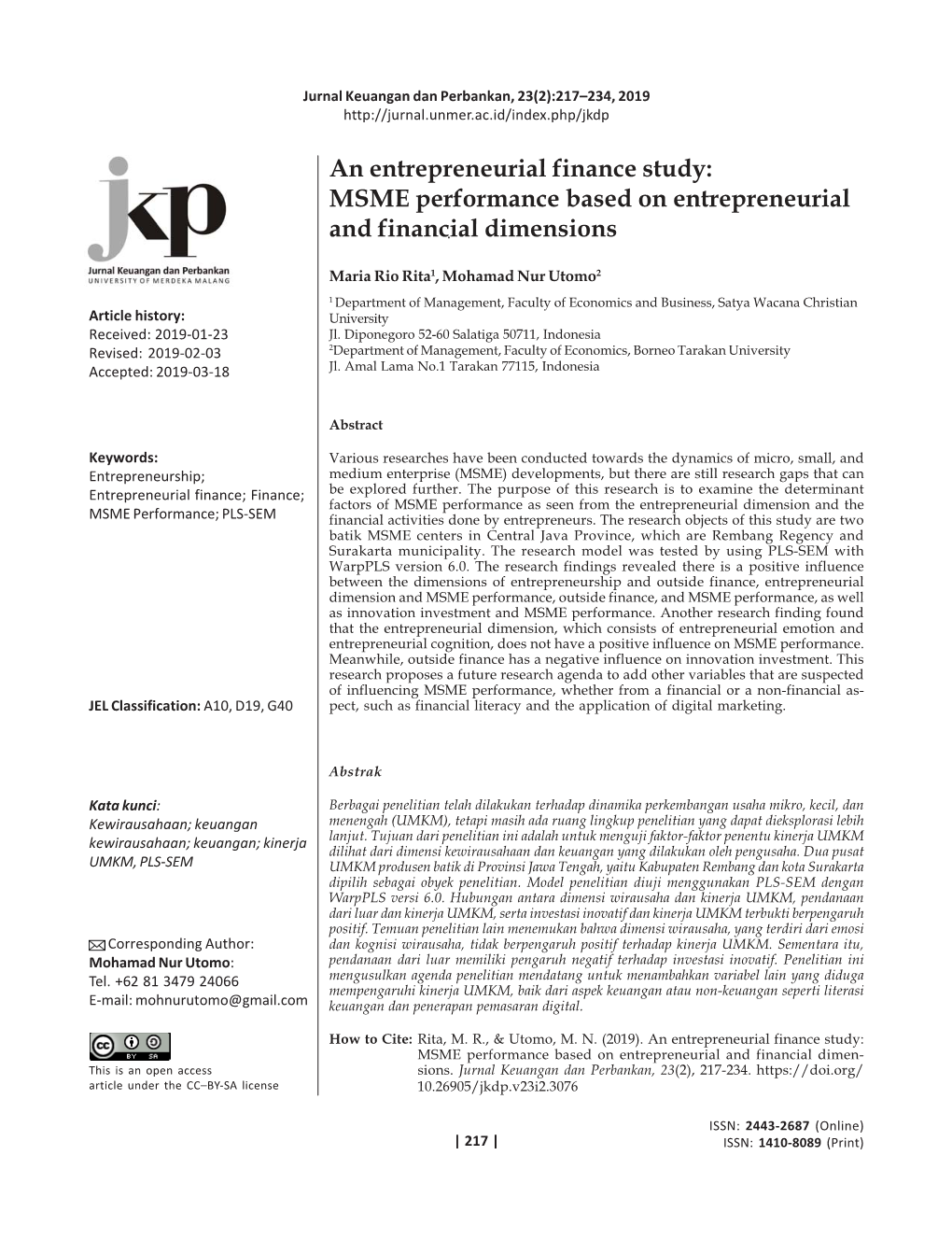 An Entrepreneurial Finance Study: MSME Performance Based on Entrepreneurial and Financial Dimensions