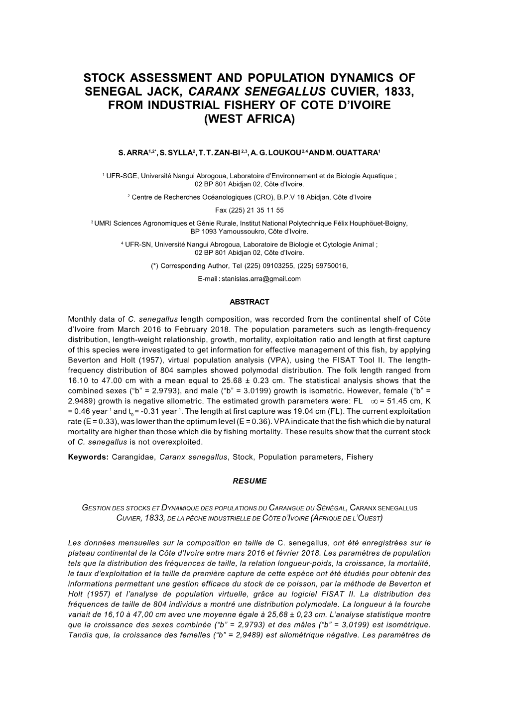 Stock Assessment and Population Dynamics of Senegal Jack, Caranx Senegallus Cuvier