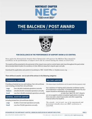 THE BALCHEN / POST AWARD for Excellence in the Performance of Airport Snow and Ice Control