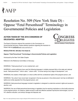 Fetal Personhood” Terminology in Governmental Policies and Legislation -- Congress of Delegates