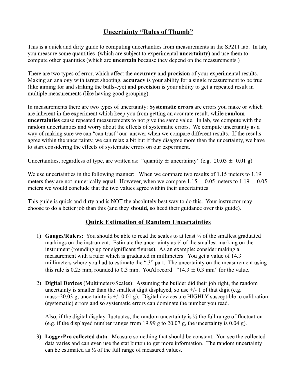 Uncertainty “Rules of Thumb” Quick Estimation of Random Uncertainties