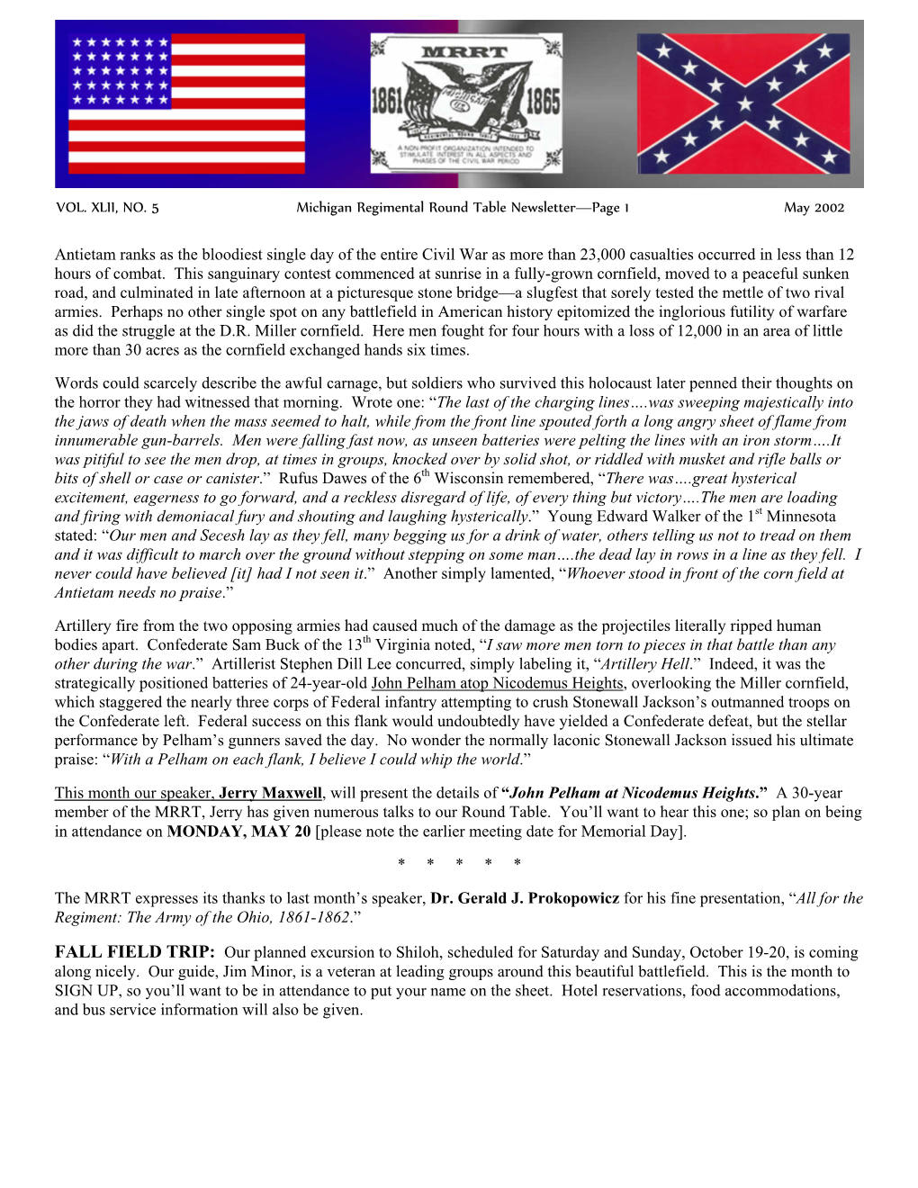 VOL. XLII, NO. 5 Michigan Regimental Round Table Newsletter—Page 1 May 2002