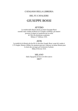 Catalogo Della Libreria Di Giuseppe Bossi