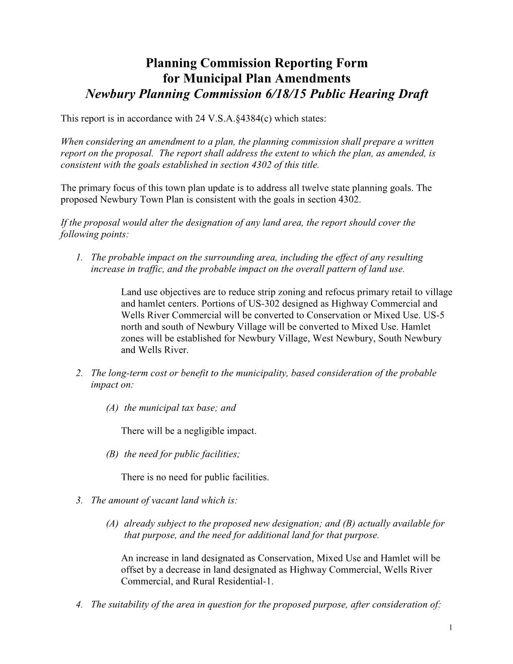 Planning Commission Reporting Form for Municipal Plan Amendments Newbury Planning Commission 6/18/15 Public Hearing Draft