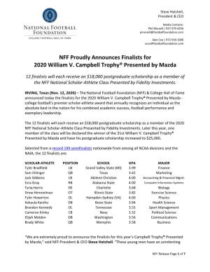 NFF Proudly Announces Finalists for 2020 William V. Campbell Trophy® Presented by Mazda