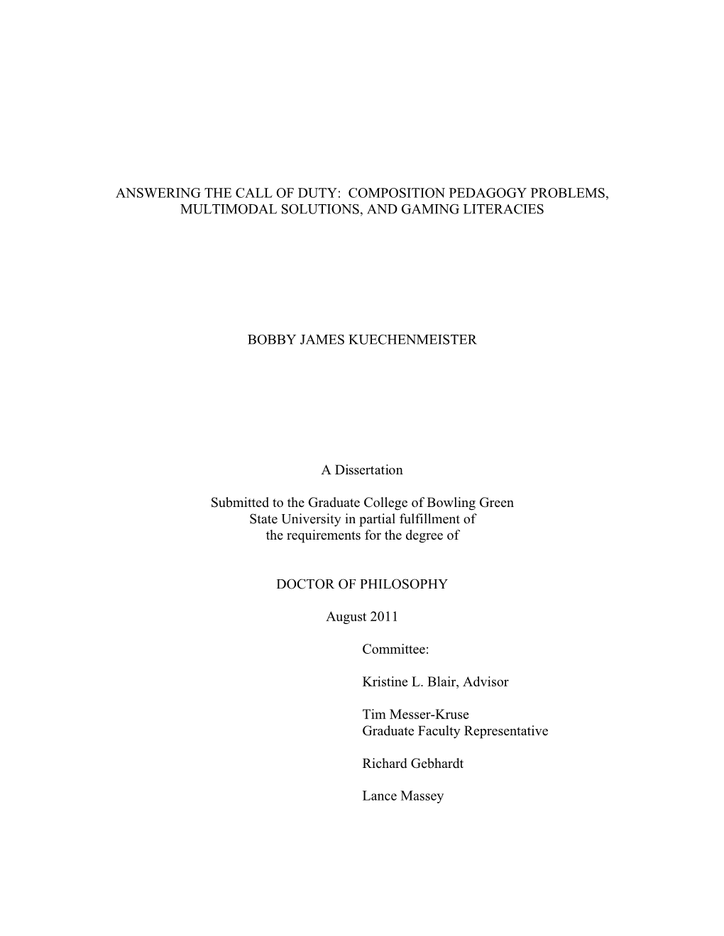 Answering the Call of Duty: Composition Pedagogy Problems, Multimodal Solutions, and Gaming Literacies