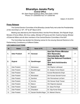 Bharatiya Janata Party Central Office 6A, Deen Dayal Upadhyay Marg, New Delhi-110002 Phone: 011-23500000 Fax: 011-23500190