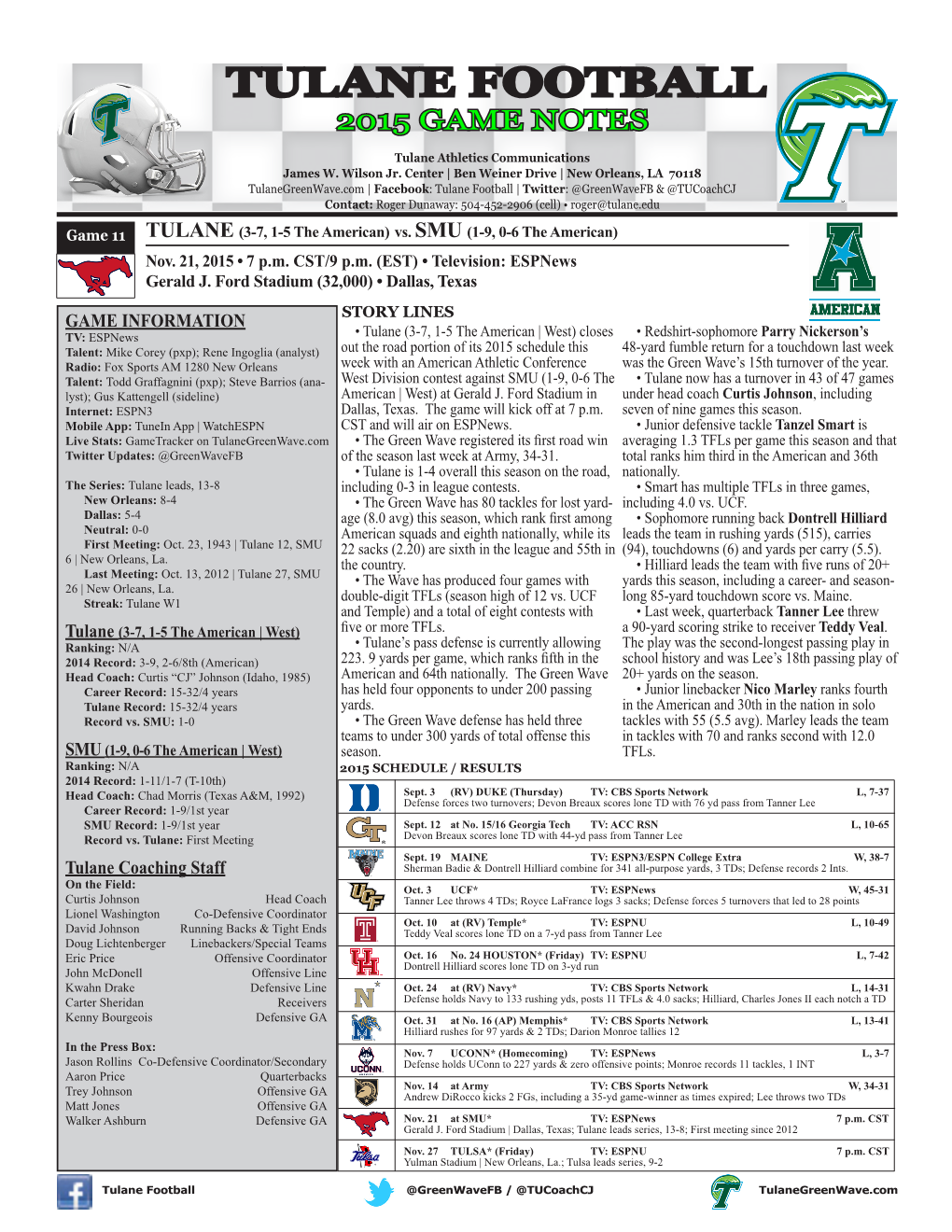 Tulane Football 2015 Game Notes