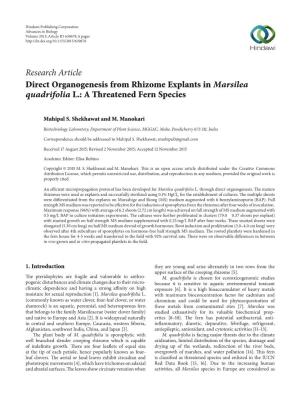 Direct Organogenesis from Rhizome Explants in Marsilea Quadrifolia L.: a Threatened Fern Species