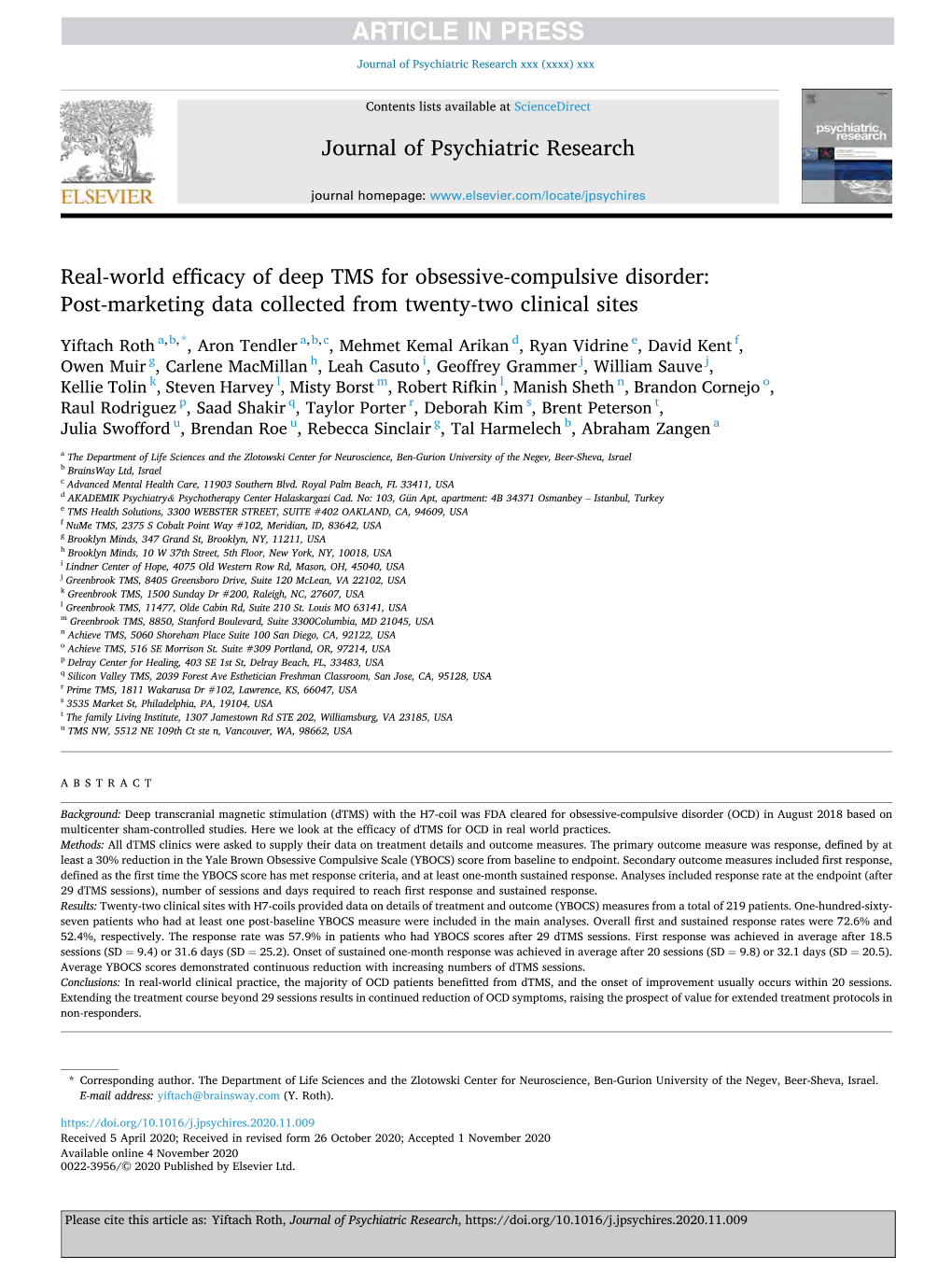 Real-World Efficacy of Deep TMS for Obsessive-Compulsive Disorder: Post-Marketing Data Collected from Twenty-Two Clinical Sites