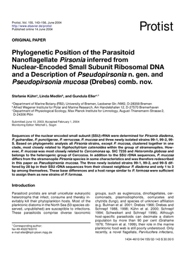 Phylogenetic Position of the Parasitoid Nanoflagellate Pirsonia Inferred from Nuclear-Encoded Small Subunit Ribosomal DNA and a Description of Pseudopirsonia N