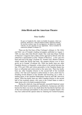 John Hirsh and the American Theatre