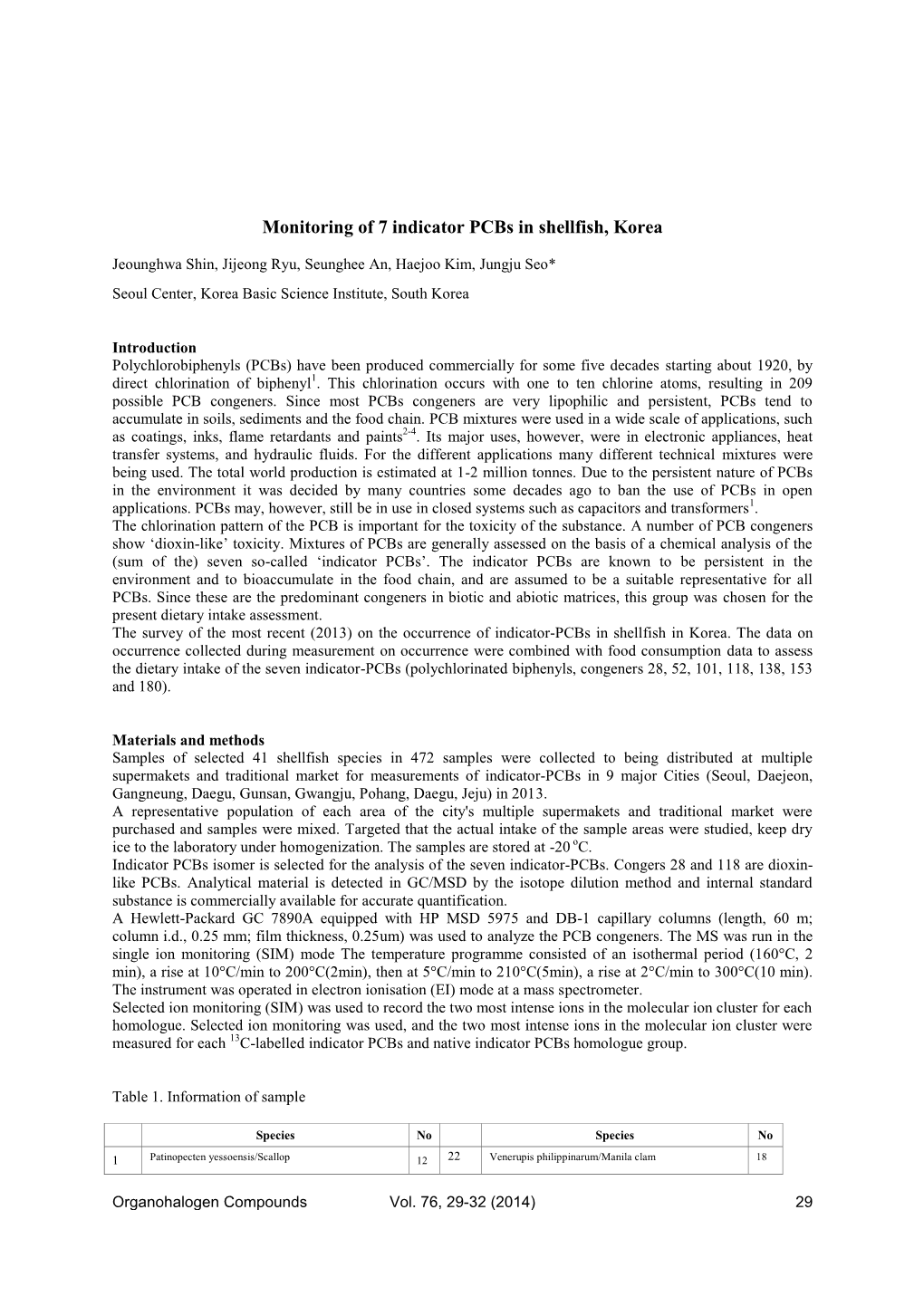 Monitoring of 7 Indicator Pcbs in Shellfish, Korea