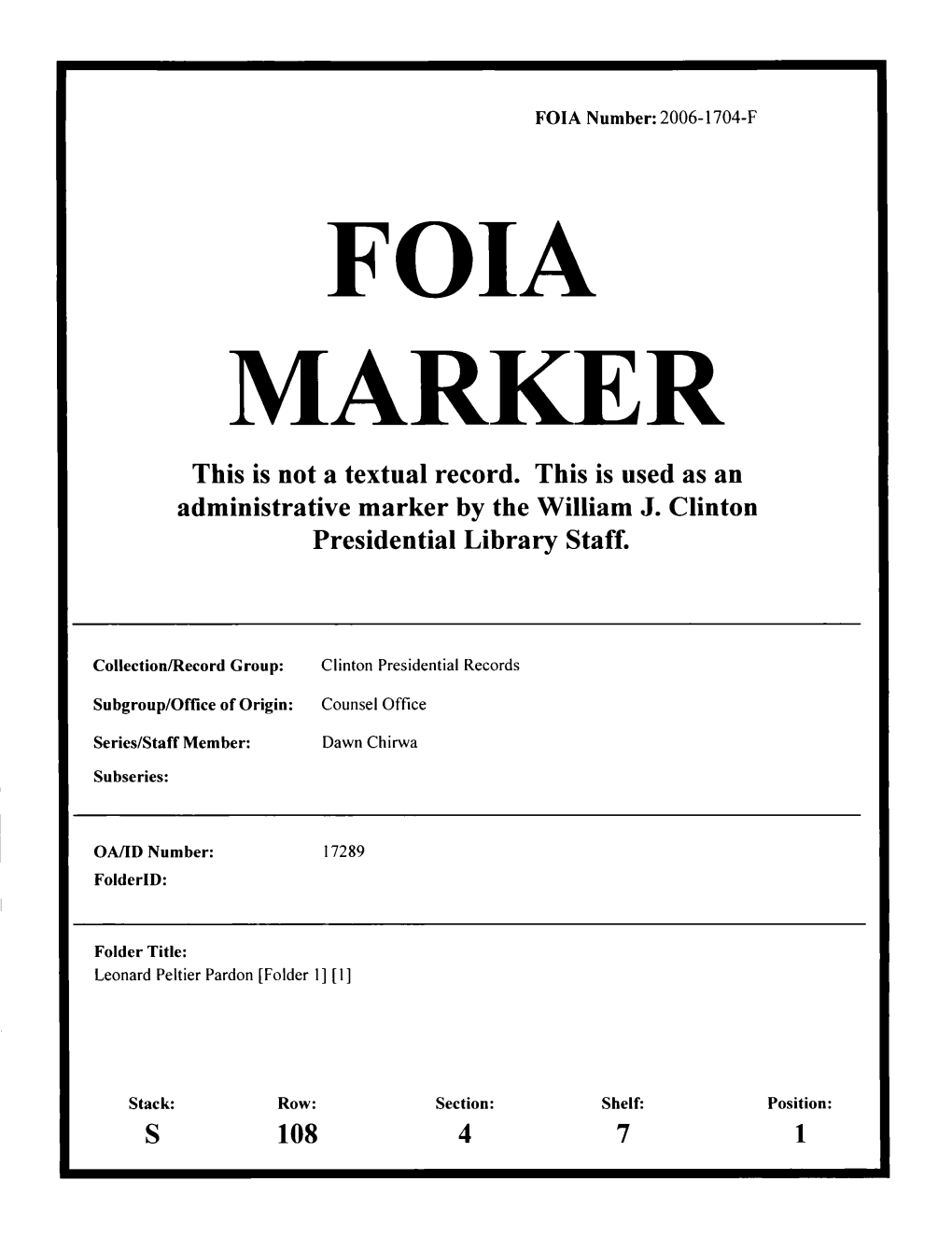 FOIA MARKER This Is Not a Textual Record