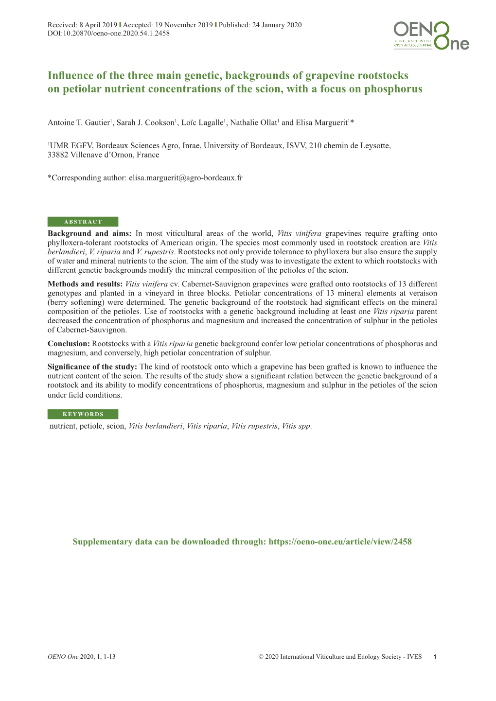 Influence of the Three Main Genetic, Backgrounds of Grapevine Rootstocks on Petiolar Nutrient Concentrations of the Scion, with a Focus on Phosphorus