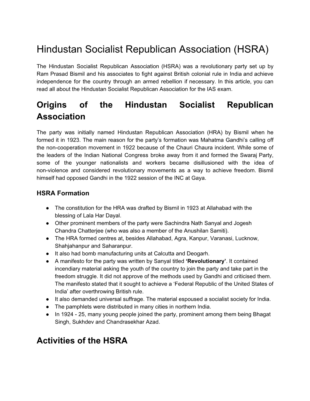 Hindustan Socialist Republican Association (HSRA)