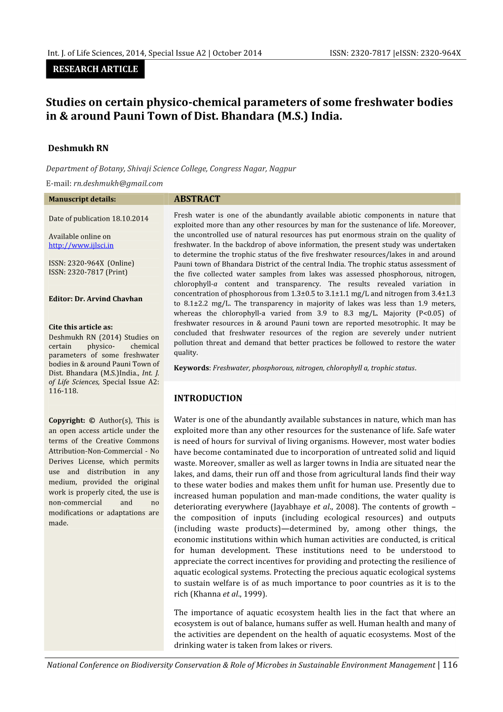 Studies on Certain Physico-Chemical Parameters of Some Freshwater Bodies in & Around Pauni Town of Dist